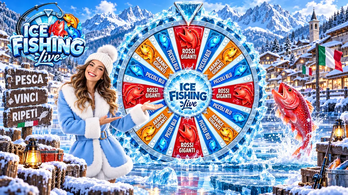 Presentatrice di Ice Fishing accanto alla ruota con pesci azzurri, arancioni e rossi